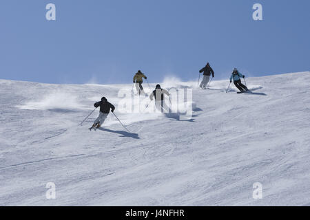 Schweiz, Engadin, Bernina-Gruppe, Diavolezza, Skigebiet, Piste, Skifahrer, fünf, Stockfoto