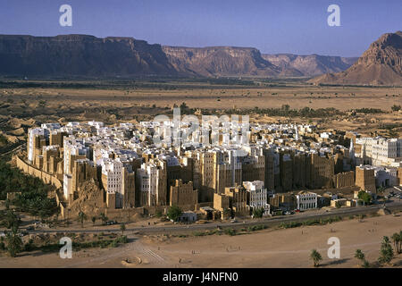 Jemen, Wadi Hadramaut, Schibam, Stadtübersicht, dem vorderen Orient, Shibam, Jemen, Osten, Hadhramaut, Hadramut, Stadt, Architektur, historisch, mucky Gebäude, mucky Häuser, Gebäude, UNESCO-Weltkulturerbe, Stockfoto