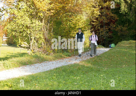 Paar, Nordic Walking, Weg, Modell veröffentlicht, Menschen, zwei, Herbst, Outdoor, Freizeit, Gesundheit, Urlaub, Bewegung, draußen, herbstliche, ländlich, Idylle, zusammen, gehen, ganzen Körper, Park, Wanderweg, Wanderweg, Fußböden, Böden, Wanderung, Spaziergang, Reise Stockfoto