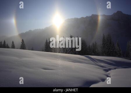 Deutschland, Bayern, Allgäu, oberen Allgäu, Allgäuer Alpen, Nagelfluhkette, Halo-Effekt, solar Hunde Stockfoto