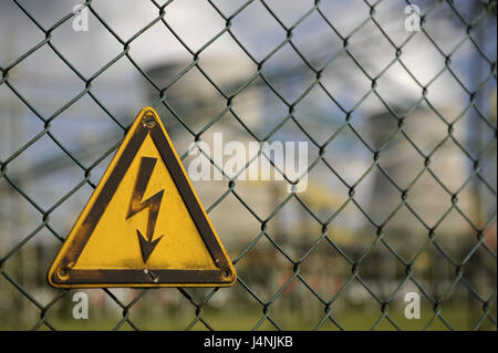 Kernkraftwerk, Zaun, Detail, Gefahr Kind, "elektrische Spannung", Stockfoto