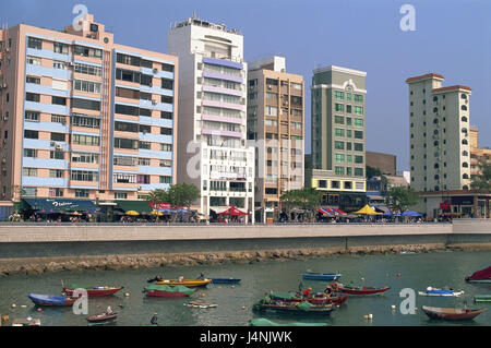 China, Hong Kong, Stanley, Hafen, Häuser, Asien, Stadt, Stadtbild, Reisen, Gebäude, Wohnhäuser, Wohnungen, Fassaden, Uferpromenade, Boote, Fischerboote, Stockfoto