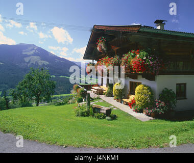 Österreich, Tirol, Brixental, Brixen im Thale, Bauernhof, Berge, Landschaft, ländlich, Haus, Wohnungen, Haus, Architektur, Blumen, Blumenschmuck, Außenansicht, sonnig, verlassenen, Stockfoto