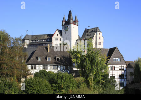 Deutschland, Rheinland-Pfalz, Diez, die Anzahl der sperren, Westerwald, Taunus, Rheinland, Rheinland-Pfalz, Blick auf die Stadt, Schloss, Scholl Bau, Gebäude, Architektur, Pfalzgrafen die Burg, Museum, Turm, Häuser, Fachwerk, Fachwerk-Gebäude, Stockfoto