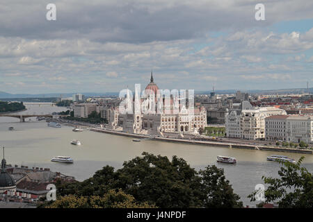 Das ungarische Parlamentsgebäude (Országház) neben der Donau in Budapest, Ungarn. Stockfoto