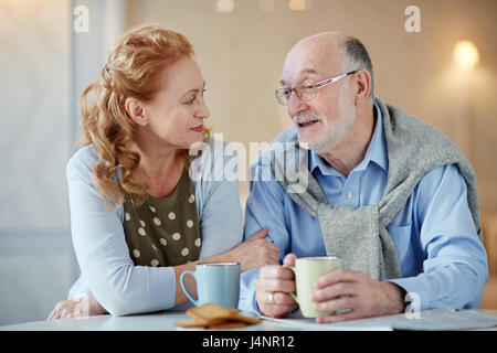 Liebevolle älteres Paar beim Teetrinken im Gespräch Stockfoto