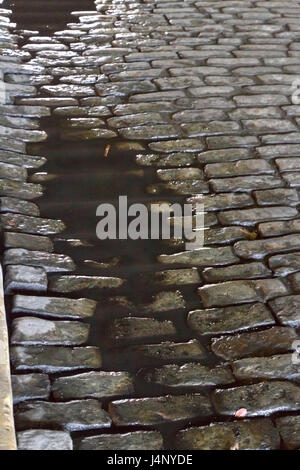 Eine dunkle Kopfsteinpflaster Pfütze auf River Street entlang der berühmten Riverwalk in Savannah, Georgia Stockfoto