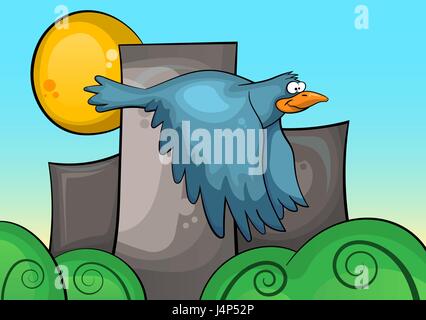 Blauer Vogel auf dem Hintergrund der Stadtlandschaft. Stock Vektor