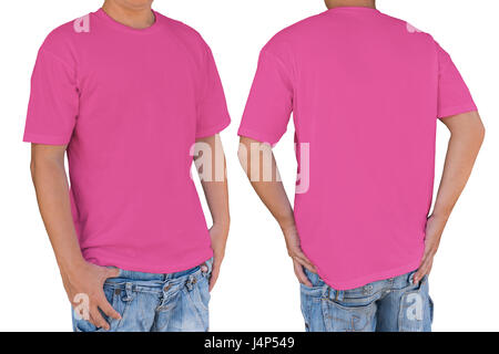 Mann trägt zartrosa Farbe T-shirt mit clipping-Pfad, Vorder- und Rückseite Blick. Vorlage für einfügen Logo, Muster oder ein Kunstwerk. Stockfoto