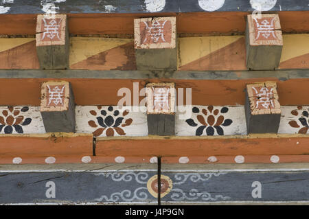 Holzbalken, Farben, großer Hof, Burg, Wangude Phon Zwang, Dzong, Bhutan, Detail, Stockfoto