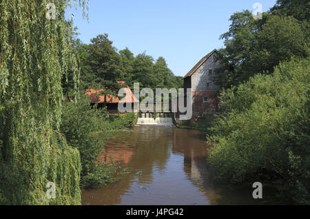 Deutschland, Meppen, Hares Valley, Emsland, Niedersachsen, des Herrn Mühle in der Nordradde, Wassermühle, Stockfoto