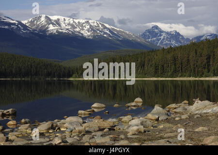 See, ruhig, morgen tuning, Spiegelung, Ufer, steinig, bewaldet, Horizont, Berg Landschaft, Kanada, Provinz, Patricia Lake, Rocky Mountains, Jasper Nationalpark, Alberta Stockfoto