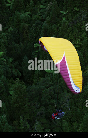 Ein Gleitschirmpilot fliegen während der 22. Azoren Paragliding Festival in der Nähe von Furnas in São Miguel, Azoren, Portugal. Stockfoto