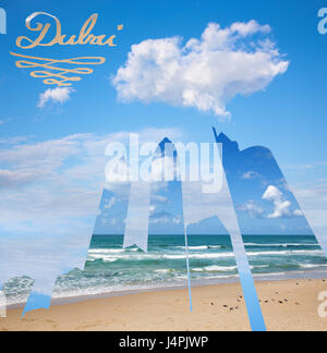 Dubai - Illustration und Pohto Montage von Wolkenkratzern, Strand und Wolkengebilde. Stockfoto