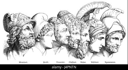 Die Helden des Trojanischen Krieges: Menelaos, Paris, Diomedes, Odysseus, Nestor, Achilles, Agamemnon Stockfoto