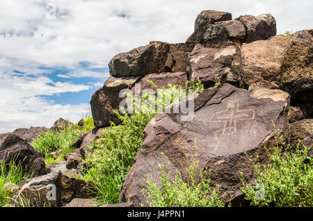 Petroglyph National Monument Park in Albuquerque, New Mexico mit Nahaufnahme aus vulkanischem Gestein Stockfoto
