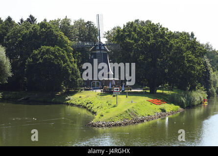 Deutschland, Meppen, Ems, Hase, Hase Tal, Emsland, Niedersachsen, Mündung, Hass Mund, Hase fließt in den Dortmund-Ems-Kanal, Windmühle, Höltingmühle, Stockfoto