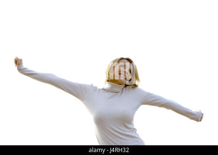 Blonde Frau, mittleren Alter Mensch mit einem herbstlichen Spaziergang im See, halbe Porträt Modell veröffentlicht, Stockfoto