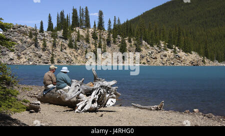 Gletschersee, Türkis, Ufer, älteres Paar, sitzen, Stamm, Horizont, Hügel, Rockpile, bewaldet, Kanada, Provinz, Alberta, bundesweit Banff Park, Rocky Mountains, Valley of the Ten Peaks, Moraine Lake, kein Model-Release Stockfoto