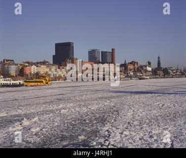 Deutschland, Hamburg, Blick auf die Stadt, Winter, Norddeutschland, Hanseatic Stadt, Stadt, Fluss, die Elbe, gefroren, iceboundly, zufriert, E scharf, Schnee, Kälte, Saison, Reiseziel, Tourismus, Skyline, Stockfoto