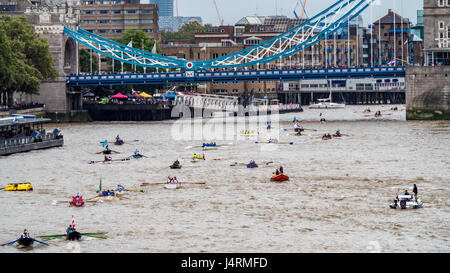 Blick auf Hunderte von Ruderbooten auf der Themse an der Tower Bridge in London Stockfoto