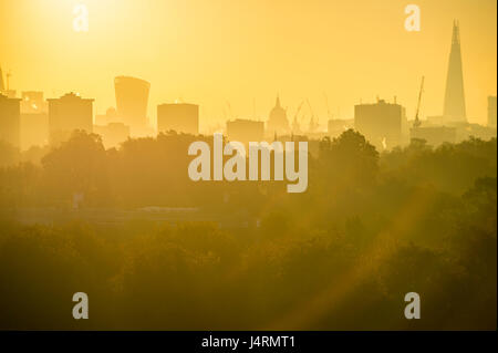 Goldenen Sonnenaufgang Skyline Blick auf die Stadt von London, England mit herbstlichen Bäume an einem nebligen Morgen als von einem Nord-London Park gesehen Stockfoto