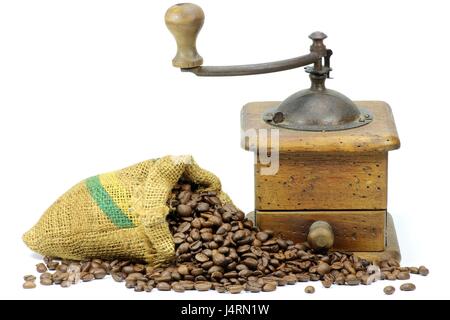 Old fashioned Mühle Kaffee Kaffeemühle isoliert auf weißem Hintergrund Stockfoto