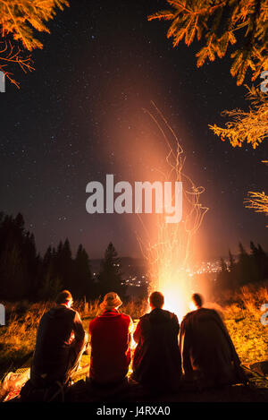 Vier Freunde sitzen in der Nähe von Lagerfeuer im Hochgebirge. Erstaunliche Nachtleben. Mann-Freundschaft-Konzept Stockfoto