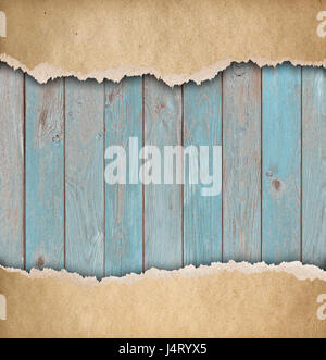 Holz, blauer Hintergrund mit alten zerrissenes Papier 3d illustration Stockfoto