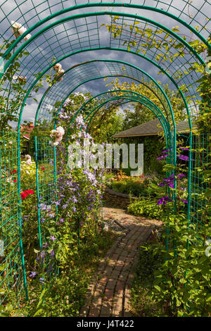 Blick auf grüne Garten mit Pergola bei sonnigen Tag Stockfoto