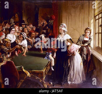 Am 20. Juni 1792 fand ein bedeutendes Ereignis im Tuilerien-Palast in Paris statt, wo es während der Französischen Revolution zu einem Aufstand kam. Die französische Königsfamilie wurde von revolutionären Kräften konfrontiert, die Verfassungsänderungen forderten, was einen Wendepunkt in der Revolution markierte. Stockfoto