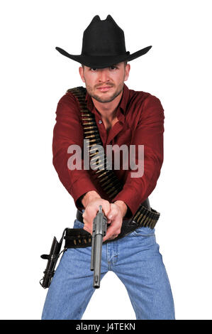 Gut aussehend Cowboy Mann mit sechs Shooter Waffen Stockfoto