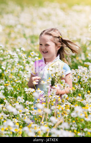 Kind spielt in Daisy-Feld. Mädchen frische Blumenpflücken in Margeriten Wiese an sonnigen Sommertag. Kinder spielen im Freien. Kinder entdecken Natur. Wenig gi Stockfoto