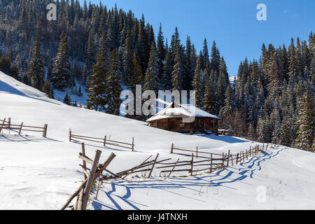 Holzhaus in einem Naturgebiet mit frisch gefallenem Schnee bedeckt. Stockfoto