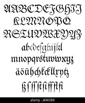 Theuerdank Fraktur bezieht sich auf eine gotische Schriftart aus dem 16. Jahrhundert, die besonders im Bildband Theuerdank zu sehen ist, das die Abenteuer Kaiser Maximilians I. zeigt. Stockfoto