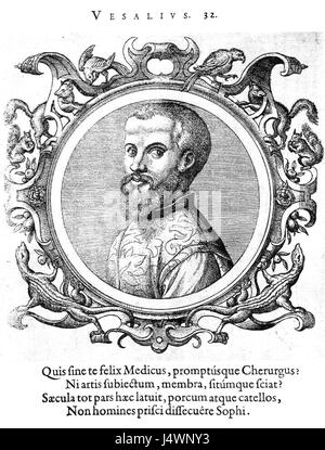 Andreas Vesalius, ein flämischer Arzt, ist bekannt für seine bahnbrechende Arbeit in der menschlichen Anatomie und sein einflussreiches Buch „de humani corporis fabrica“ (1543), das die Erforschung des menschlichen Körpers revolutionierte. Stockfoto