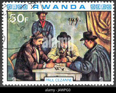 Die Kartenspieler 1890-92 von Cezanne auf einer Briefmarke von 1980 von Ruanda Stockfoto