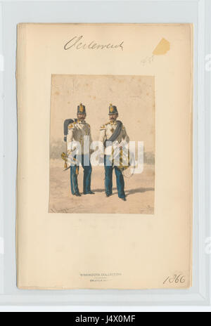 Dieses Bild von 1866 zeigt einen Trompeten und Schlagzeuger, wahrscheinlich aus dem 19. Jahrhundert. Es zeigt die Instrumente und Kleidung, die für militärische oder zeremonielle Aufführungen während dieser Zeit typisch sind. Stockfoto