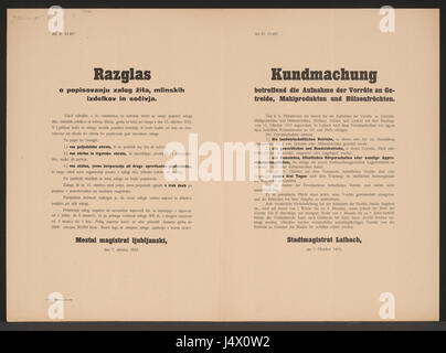 Dieses mehrsprachige Poster, das 1915 erstellt wurde, kündigt eine Vorratsaufnahme in Laibach an, die den mehrsprachigen Charakter des Gebiets während des Ersten Weltkriegs widerspiegelt Stockfoto