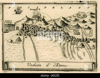 Veduta d’Atene ist ein Stich von Vincenzo Coronelli aus dem Jahr 1688, der einen detaillierten Blick auf Athen bietet. Das Bild zeigt bemerkenswerte Sehenswürdigkeiten und die architektonische Landschaft der Stadt aus dem späten 17. Jahrhundert. Stockfoto