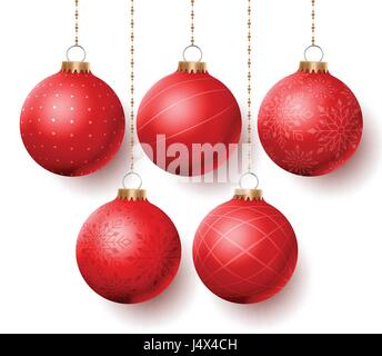 Weihnachtskugeln Vektor-Set mit verschiedenen Designs hängen in weißen Hintergrund isoliert. Vektor-Illustration. Stock Vektor