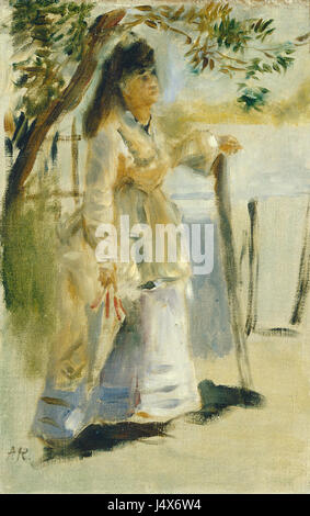 Dieses Bild mit dem Titel „Woman by a Fence“ zeigt eine Frau, die in der Nähe eines Zauns steht, möglicherweise in einer ländlichen Umgebung oder im Freien. Das Bild hebt die Einfachheit und Ruhe der Szene hervor und konzentriert sich auf die Figur und die Umgebung. Stockfoto