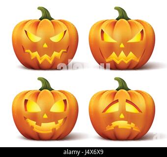 Vektor-Kürbisse mit verschiedenen Gesichtern für Halloween Icons und Dekorationen in weißen Hintergrund isoliert. Vektor-Illustration. Stock Vektor