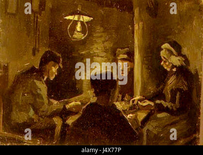 „Die Kartoffelesser“ von Vincent van Gogh, gemalt 1885, zeigt eine bescheidene Bauernfamilie, die sich um eine Mahlzeit mit Kartoffeln versammelt hat. Das Stück ist bedeutend für das Verständnis von Van Goghs früherem Stil und seiner Darstellung des ländlichen Lebens. Stockfoto
