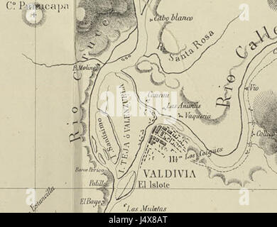 Valdivia e Isla Teja En el Mapa De La Expedicion de Francisco Vidal Gormaz Stockfoto