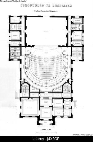 Dieser Titel bezieht sich auf einen Plan oder Entwurf für die Stadsschouwburg Groningen, ein historisches Theater in den Niederlanden. Der Entwurf stammt wahrscheinlich von dem Architekturbüro Vogel & Van Gendt, das für seine Arbeiten an öffentlichen Gebäuden in der Region bekannt ist. Stockfoto
