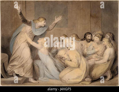 William Blakes Kunstwerk von 1785, Joseph, der seinen Brüdern bekannt macht, zeigt eine biblische Szene aus der Geschichte Joseph in Ägypten. Das Gemälde spiegelt Blakes einzigartigen künstlerischen Stil und religiöse Themen wider. Stockfoto