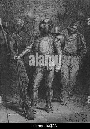 Die 1906 erschienene Ausgabe von Vernâ 'Vingt Mille Lieues Sous Les Mers' (zwanzigtausend Meilen unter dem Meer) zeigt Originalillustrationen von Ã Douard Riou, die das Wesen der Unterwasserabenteuer des Romans einfangen. Stockfoto