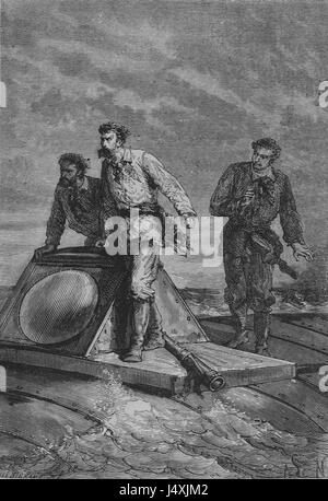 Eine Illustration aus der französischen Originalausgabe von Jules Vernes „Vingt Mille Lieues Sous Les Mers“, die das U-Boot von Kapitän Nemo, die Nautilus, unter der Meeresoberfläche darstellt. Stockfoto