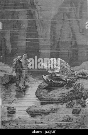 Vingt Mille Lieues sous les Mers, oder Twenty Twenty Thousand Leagues Under the Sea, ist ein berühmter Abenteuerroman von Jules Verne, der erstmals 1870 veröffentlicht wurde. Die Geschichte folgt Professor Pierre Aronnax, seinem Diener Conseil und einem kanadischen Walfänger Ned Land, wie sie von Kapitän Nemo an Bord des U-Bootes Nautilus gefangen genommen werden. Stockfoto